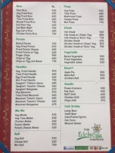 Edelweiss Hotel Menu - Everest Base Costs - Food 