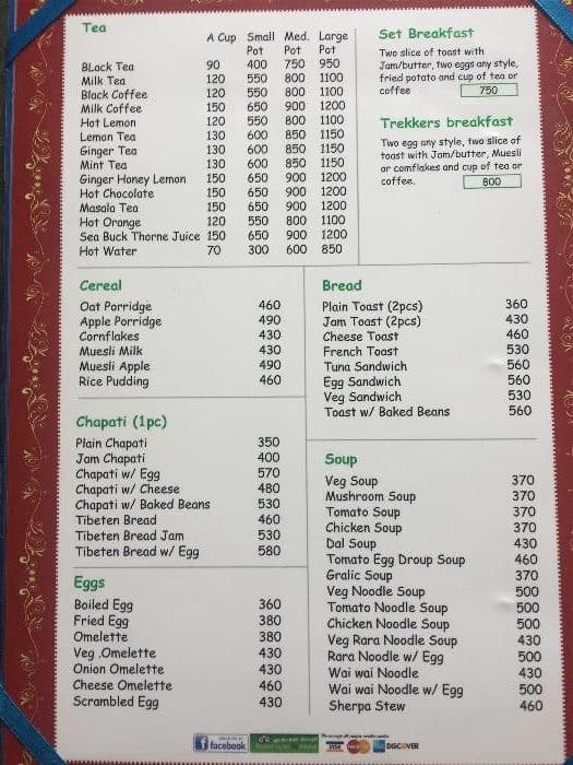 An average menu and food prices on the Everest Base Camp Trek (in Nepali Rupees)