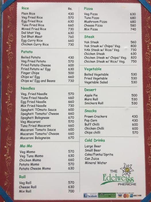 Another average menu and food prices on the Everest Base Camp Trek (in Nepali Rupees)