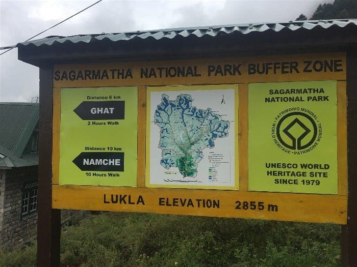 Lukla Town's welcome sign: Trekker's first introduction to Sagarmatha National Park, the home of Mount Everest