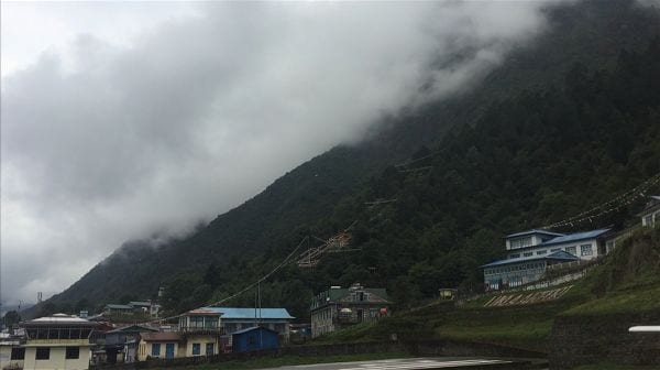 From the approach direction, the Lukla Airport runway ends at this wall brick set into a steep hill, thus limiting pilots’ options for emergency actions on landing