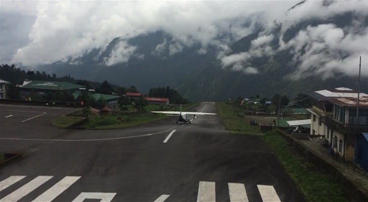 A plane taking off from Lukla Airport, “the most dangerous airport in the world”.  Landing in Lukla marks the start of adventure for most hikers on the Everest Base Camp Trek