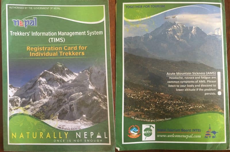 The Trekker Information Management System (TIMS) registration card. Do not lose this! You'll need it throought the Everest Base Camp Trek and to leave the Sagamartha National Park
