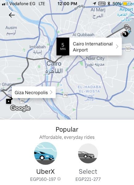 How to get from the Cairo airport to the Pyramids of Giza - use Uber