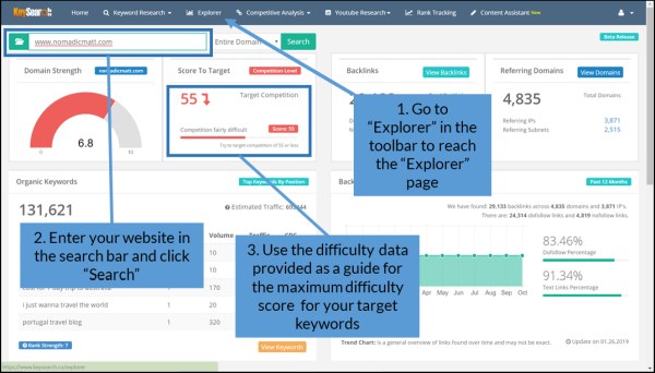 Using Keysearch's "Explorer" tool to assess what is the best SEO keyword competitive difficulty level for your site