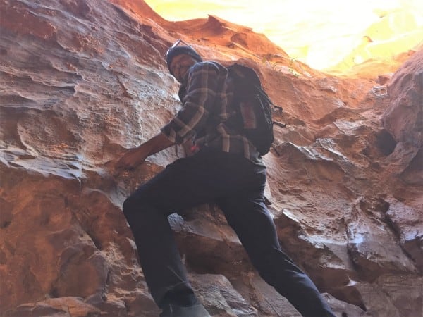 Climbing through Wadi Rum Jordan in the Outlier Slim Dungarees