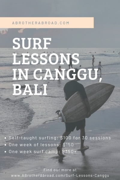 A guide to finding surfing lessons in Canggu, Bali for your surfing vacation.  Whether you’re beginner or intermediate, this Cangg Surf travel guide will help you find the best way to fit your travel bucket list • Adventure Travel Bucket List (item) • Canggu Bali Indonesia Things to do • Surfing Trips for beginners • Surfing vacation • Surf Travel guide