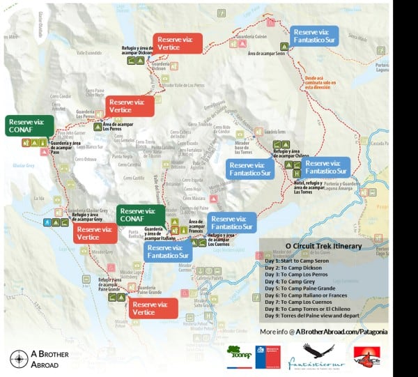 Torres del Paine O Circuit Trek Map Itinerary